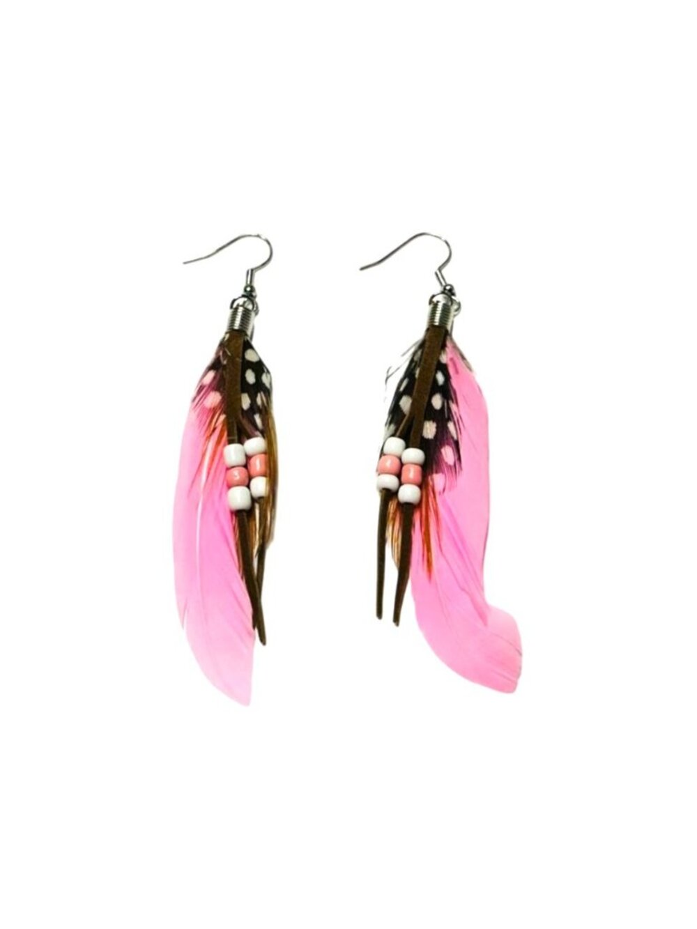 Pink Feather Beaded Dangle Earrings With Polka Dot Accents And Silver Hooks